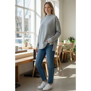 Loft Womens Size M Gray Pullover Sweater Button Shoulder Long Sleeve Stretch